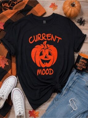 Women’s Black Tee with Orange Pumpkin "Current Mood" Graphic
